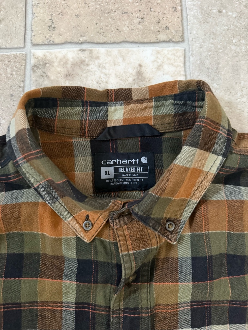 Carhartt Men’s Plaid Button-Down Shirt in Olive, Brown and Tan - Picture 3 of 6